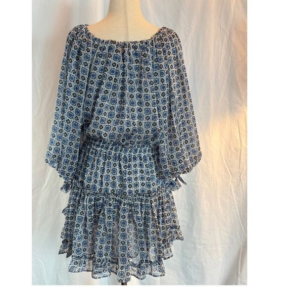 NWT MISA Blouson Dress Balloon Sleeve Tiered Ruffle Skirt Boho Blues - Picture 2 of 11